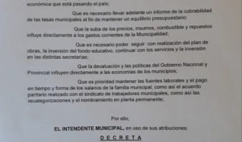 ANTE EL AJUSTE DEL GOBIERNO NACIONAL, LA MUNICIPALIDAD DECRETA EL CONGELAMIENTO DE VACANTES