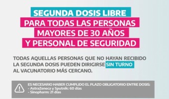 SE HABILITARON LAS SEGUNDAS DOSIS PARA MAYORES DE 30 AOS
